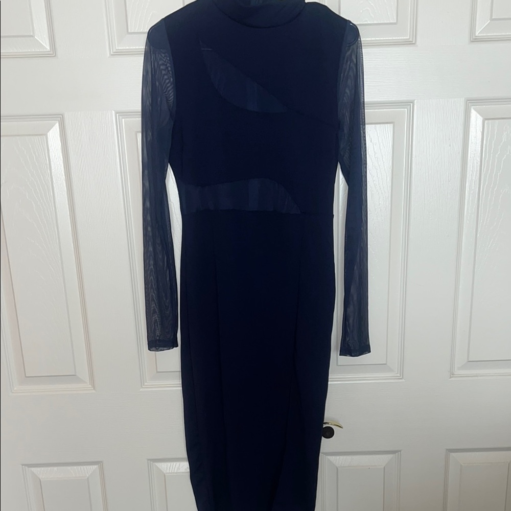 Fashion Nova Navy Blue Long Sleeve Mock Neck Sheath Dress